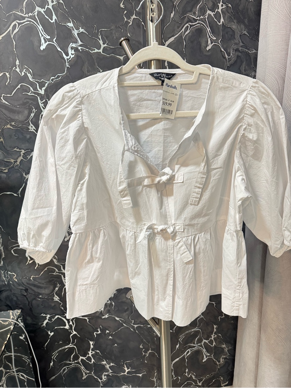 Marshalls White Puff-Sleeve Tie-Front Peplum Blouse